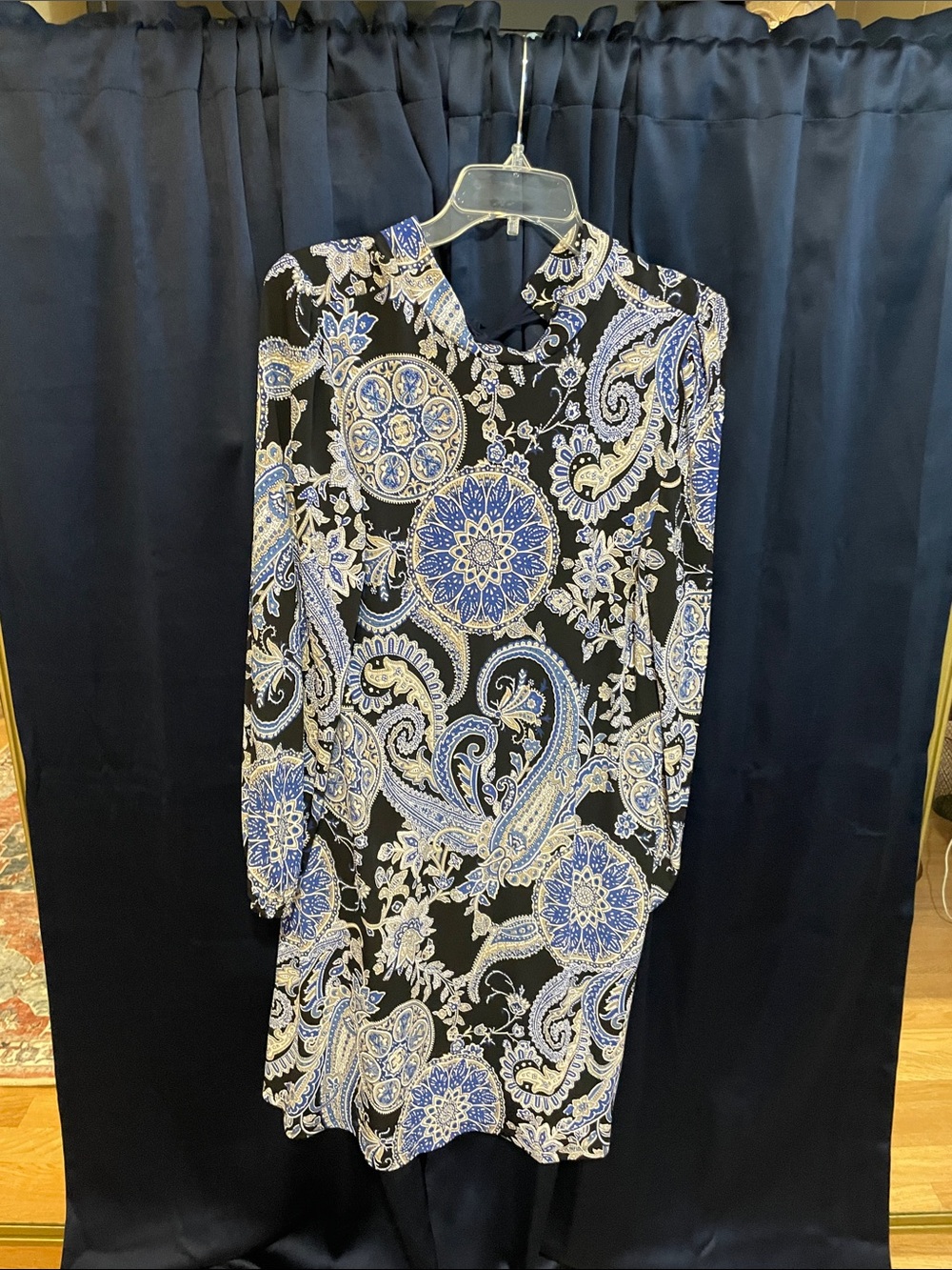 Robbie Bee Black Paisley-Print Long Sleeve Dress with Blue and Cream Accents